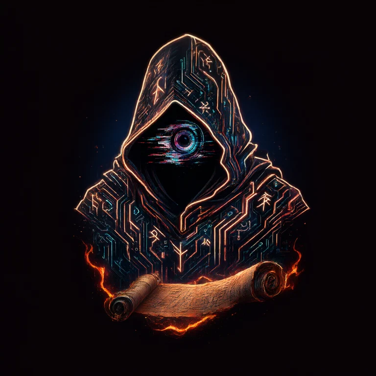 The Archivist, hooded, one lens-eye glitching