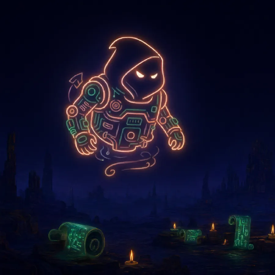 The Archivist floats over burning code-scrolls in the void